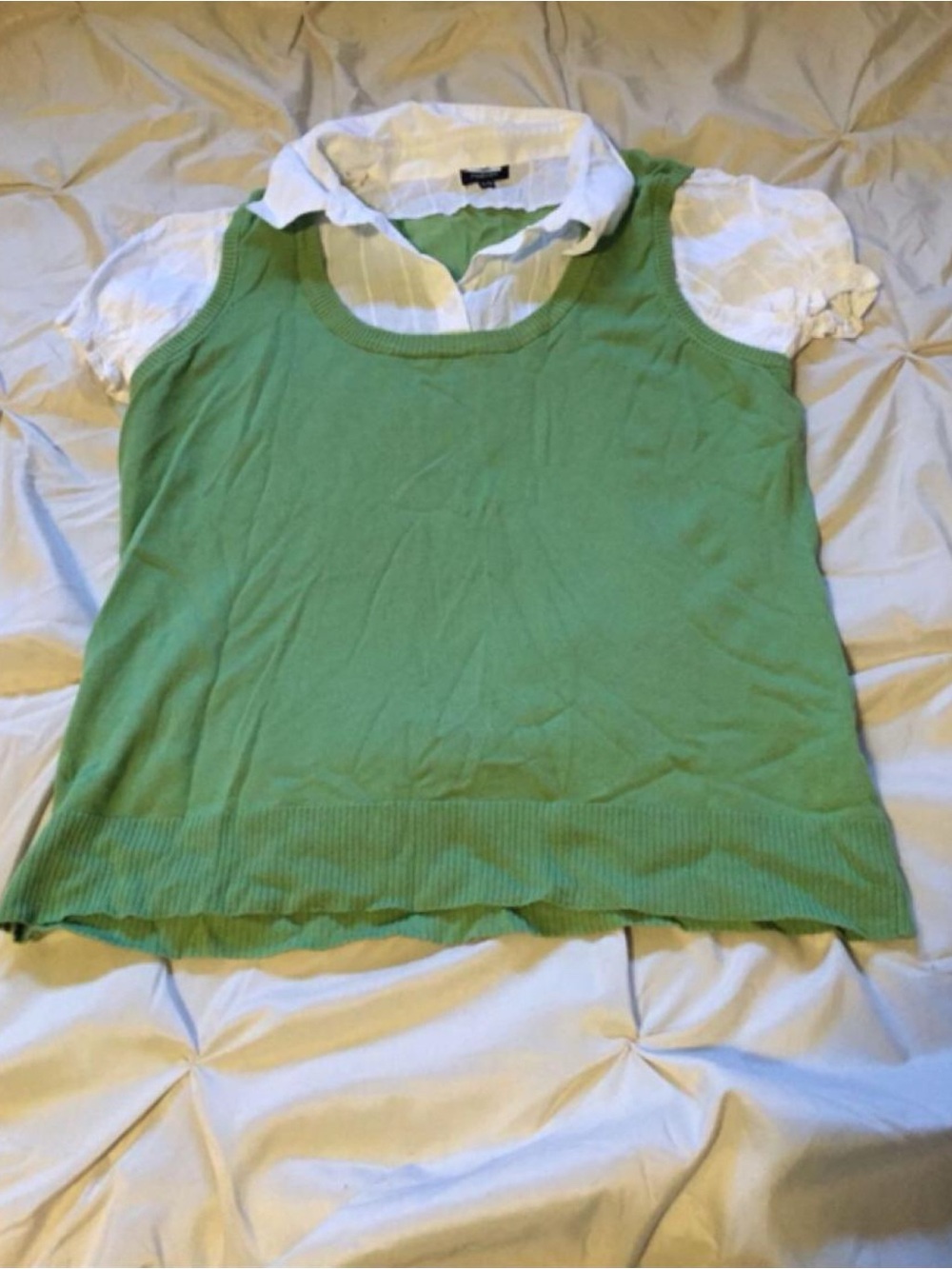 Layered Look Sleeveless Sweater Vest with White Blouse - Green Top